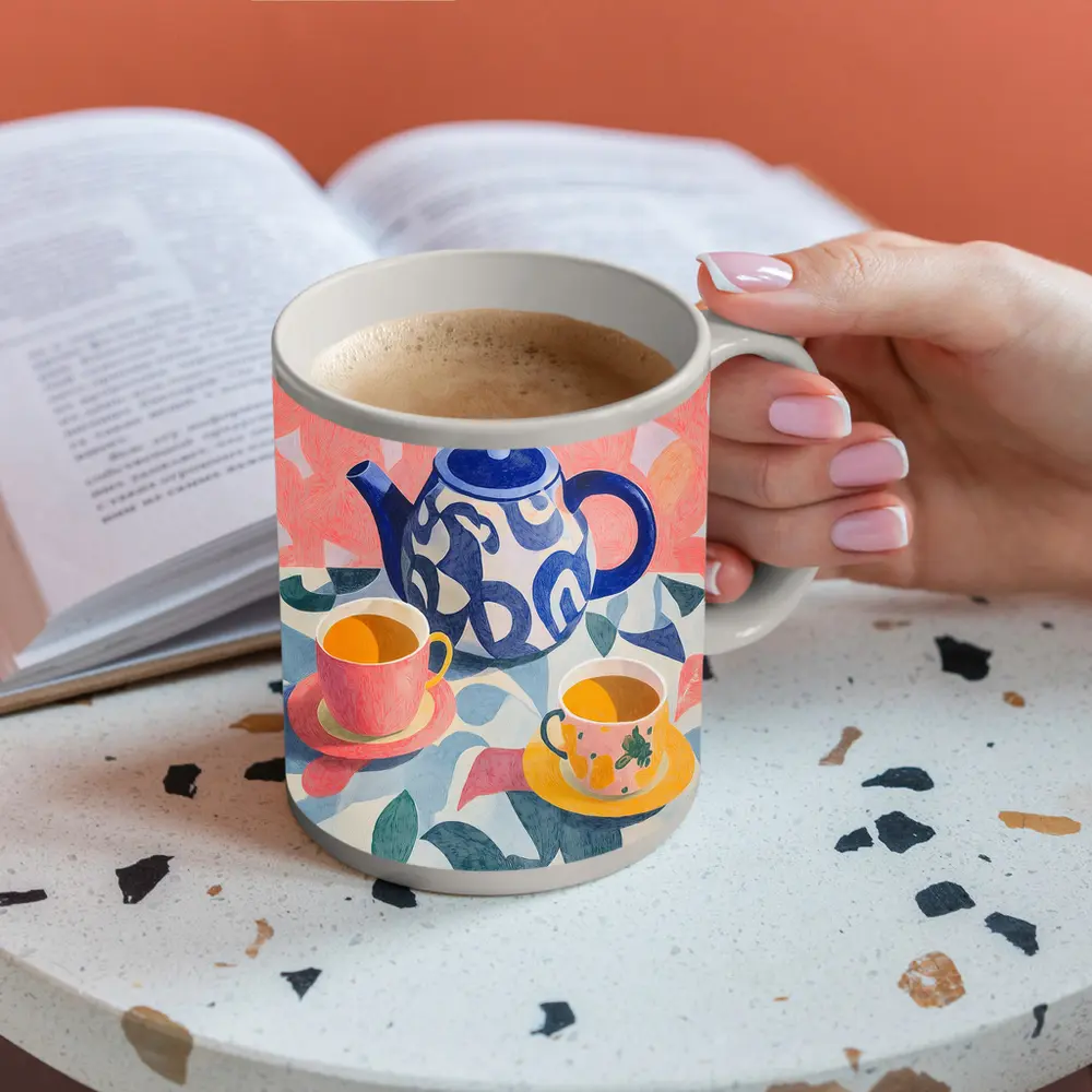 Blue Teapot And Cups Colorful Pattern Art – Mugs