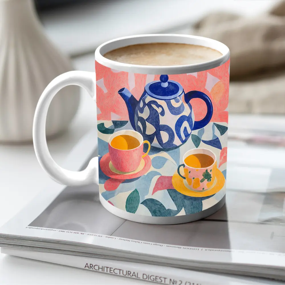 Blue Teapot And Cups Colorful Pattern Art – Mugs