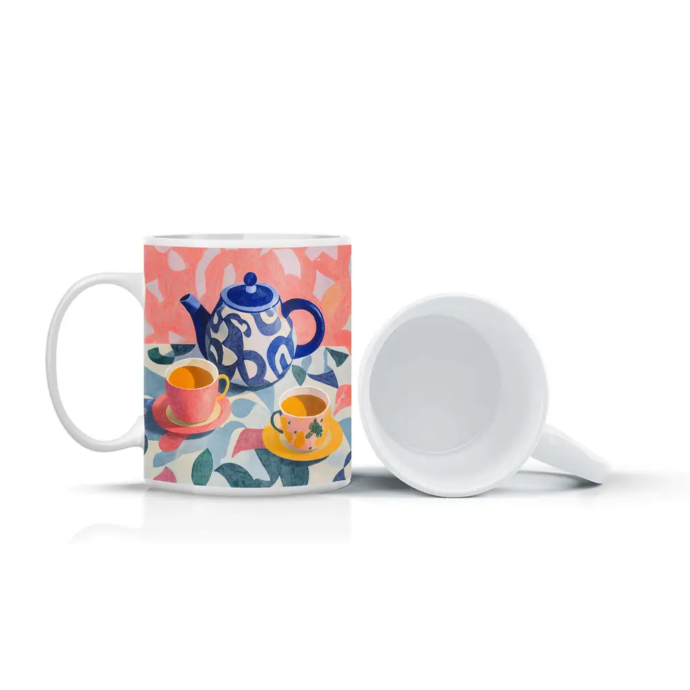 Blue Teapot And Cups Colorful Pattern Art – Mugs