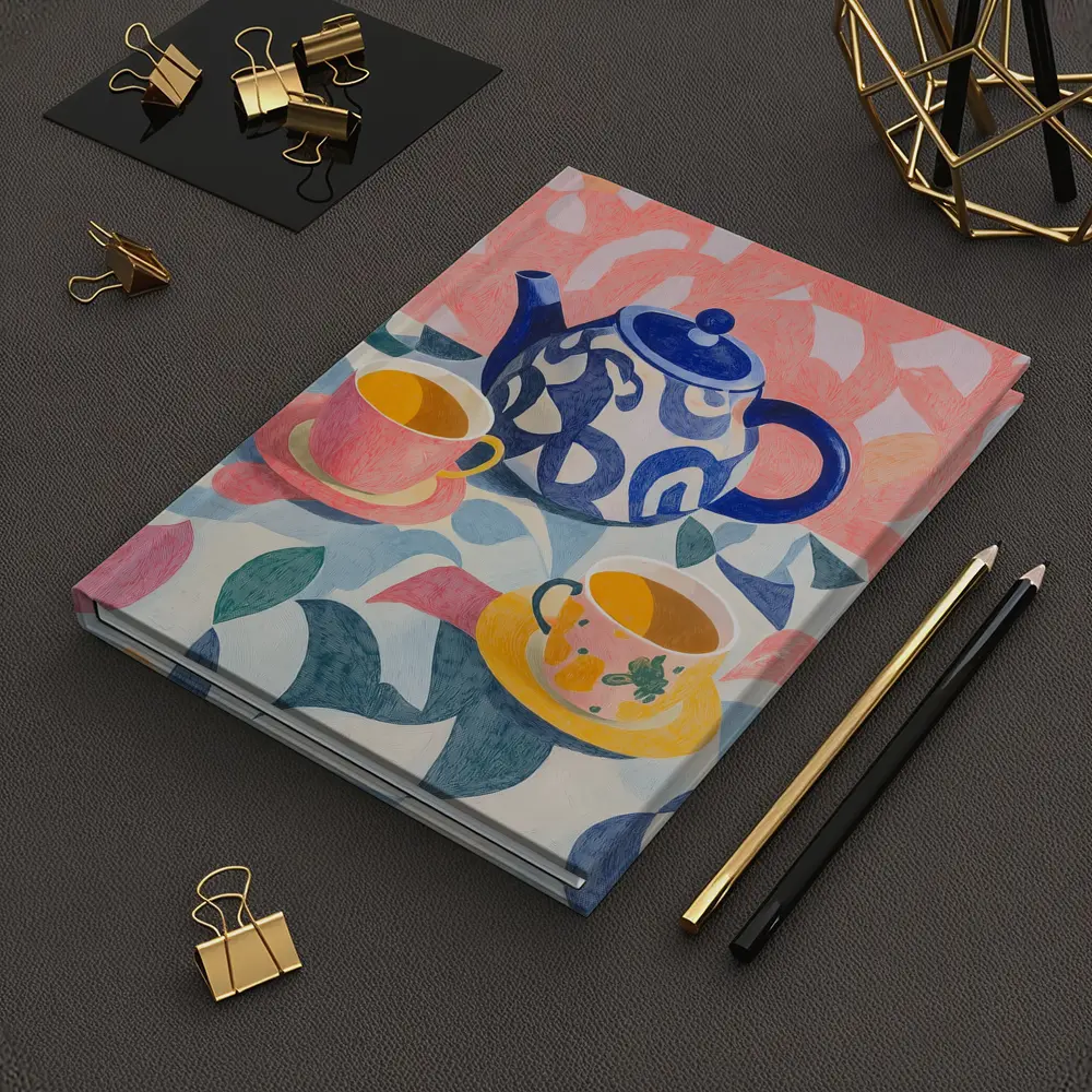 Blue Teapot And Cups Colorful Pattern Art – Notebooks
