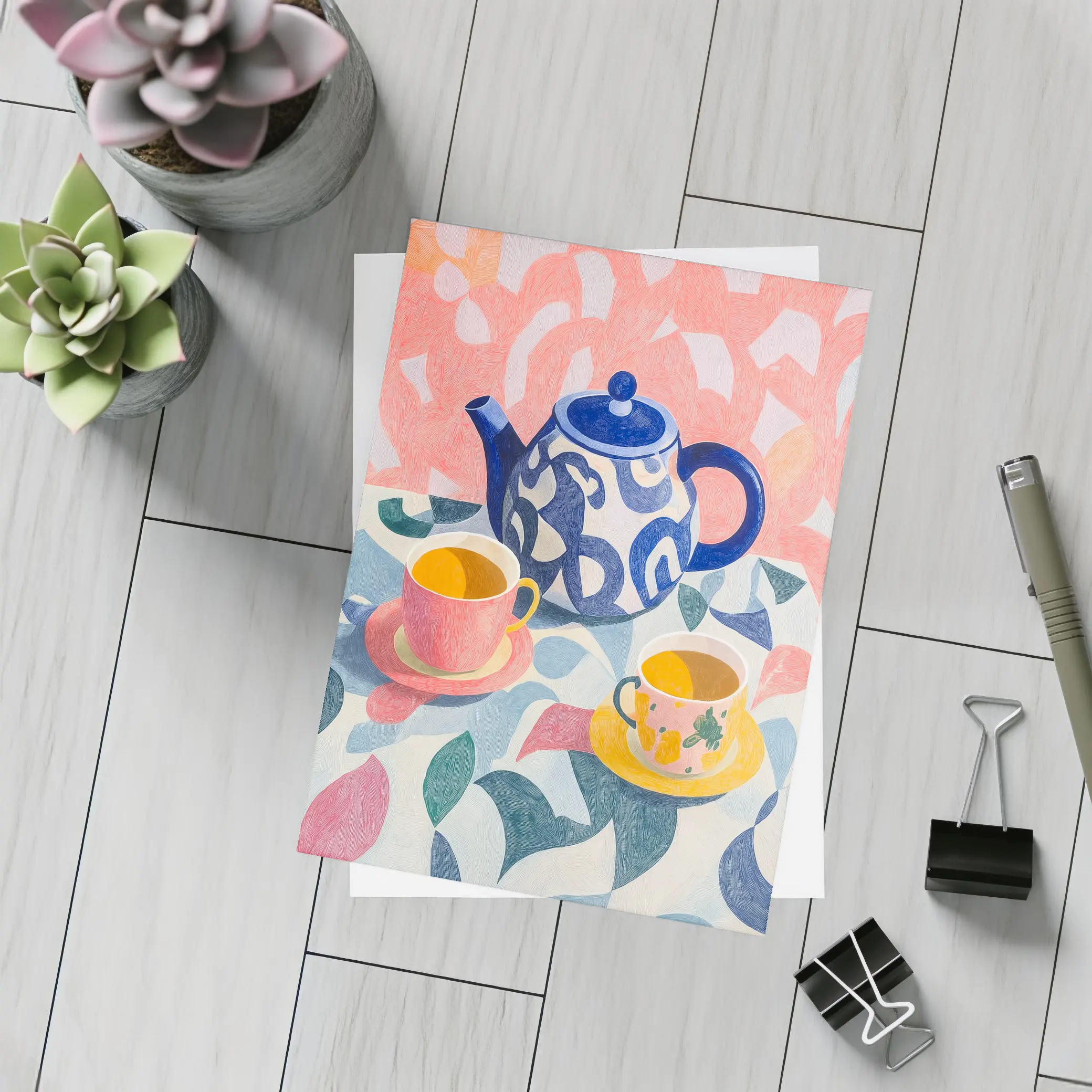 Blue Teapot And Cups Colorful Pattern Art – Postcards