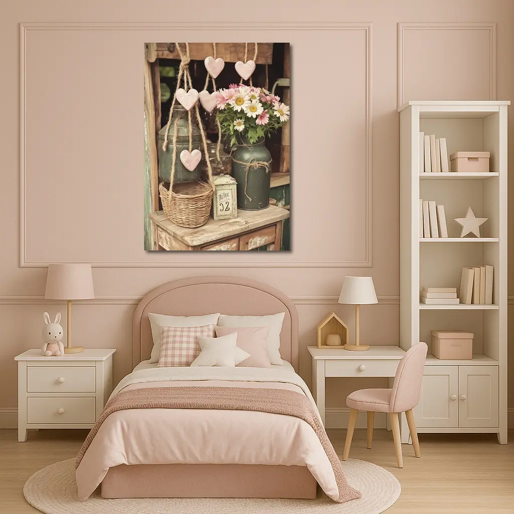 Rustic Cottagecore Shelf With Hearts and Daisies – Wall Art