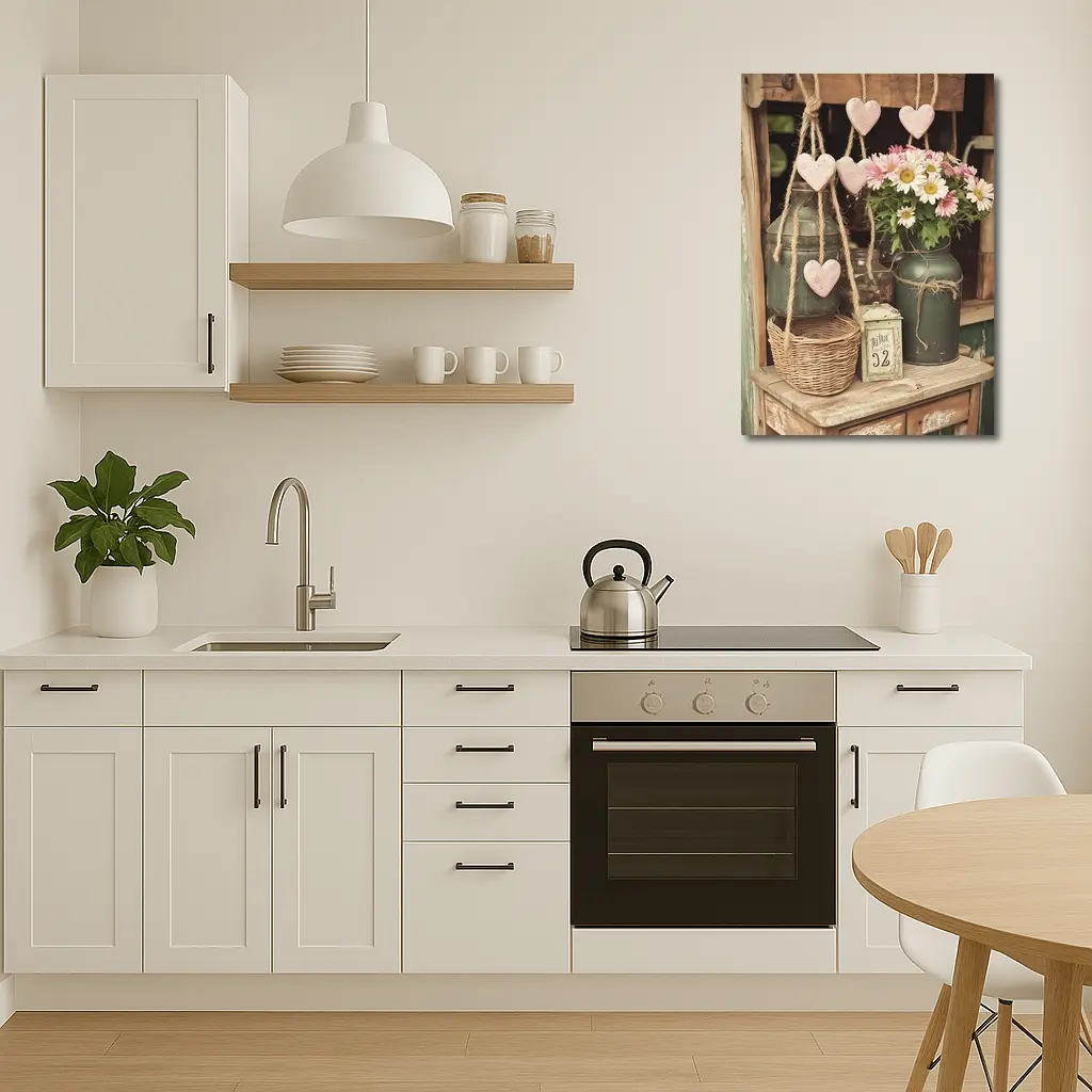 Rustic Cottagecore Shelf With Hearts and Daisies – Wall Art
