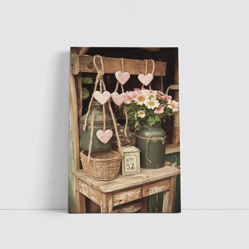 Rustic Cottagecore Shelf With Hearts and Daisies – Wall Art