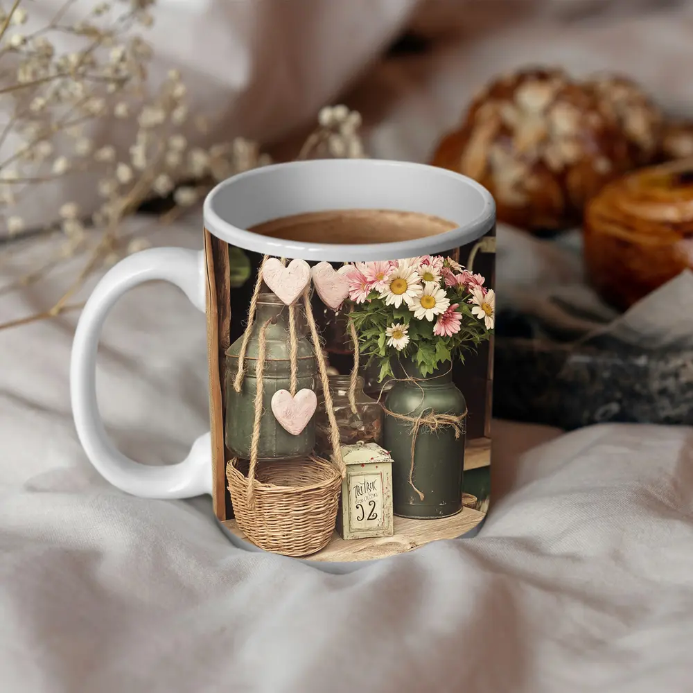 Rustic Cottagecore Shelf With Hearts and Daisies – Mugs