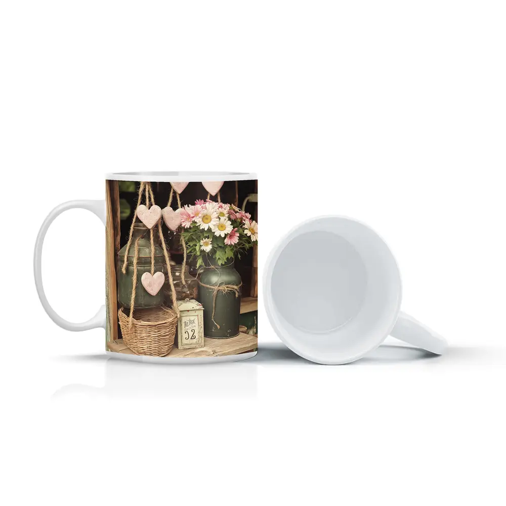Rustic Cottagecore Shelf With Hearts and Daisies – Mugs