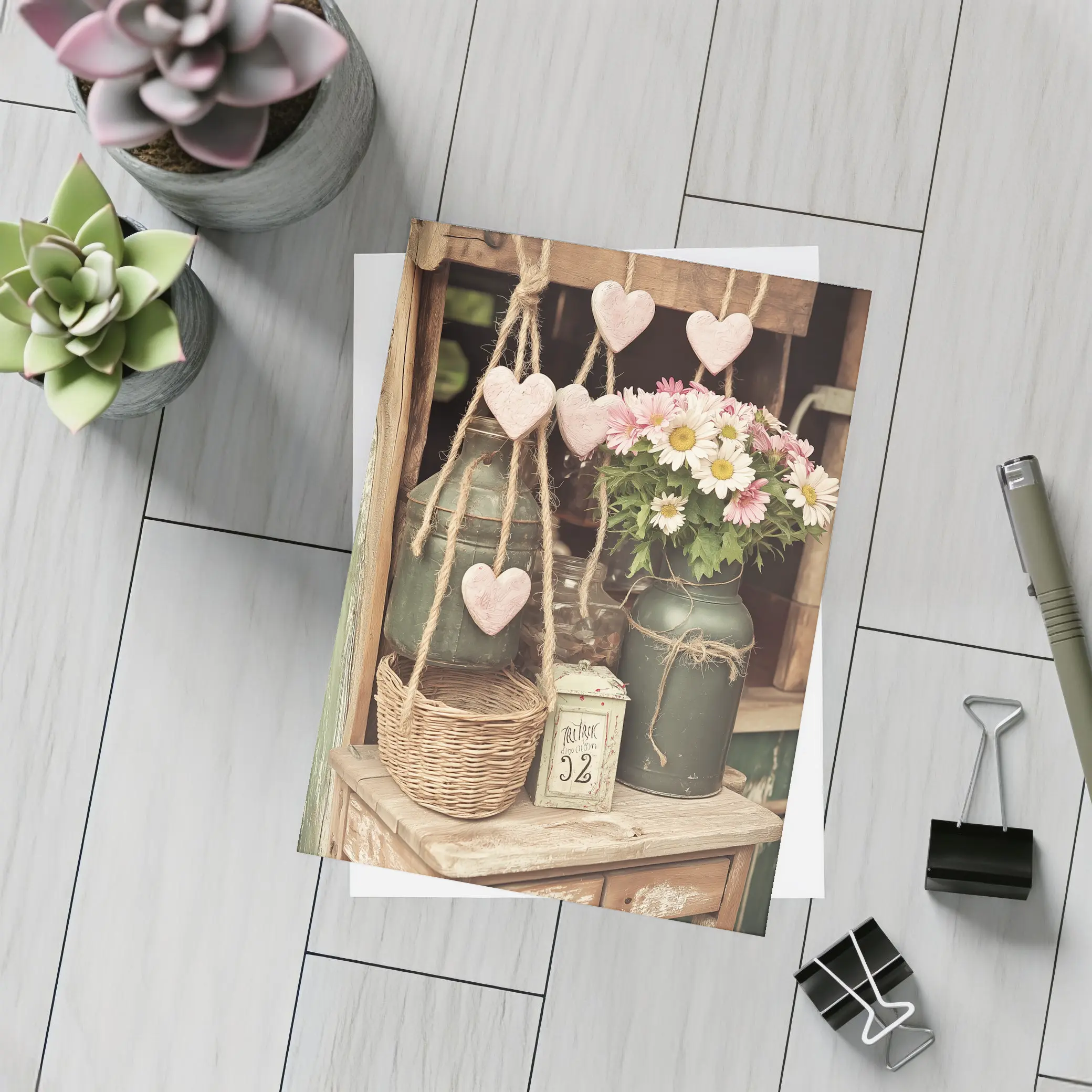 Rustic Cottagecore Shelf With Hearts and Daisies – Postcards