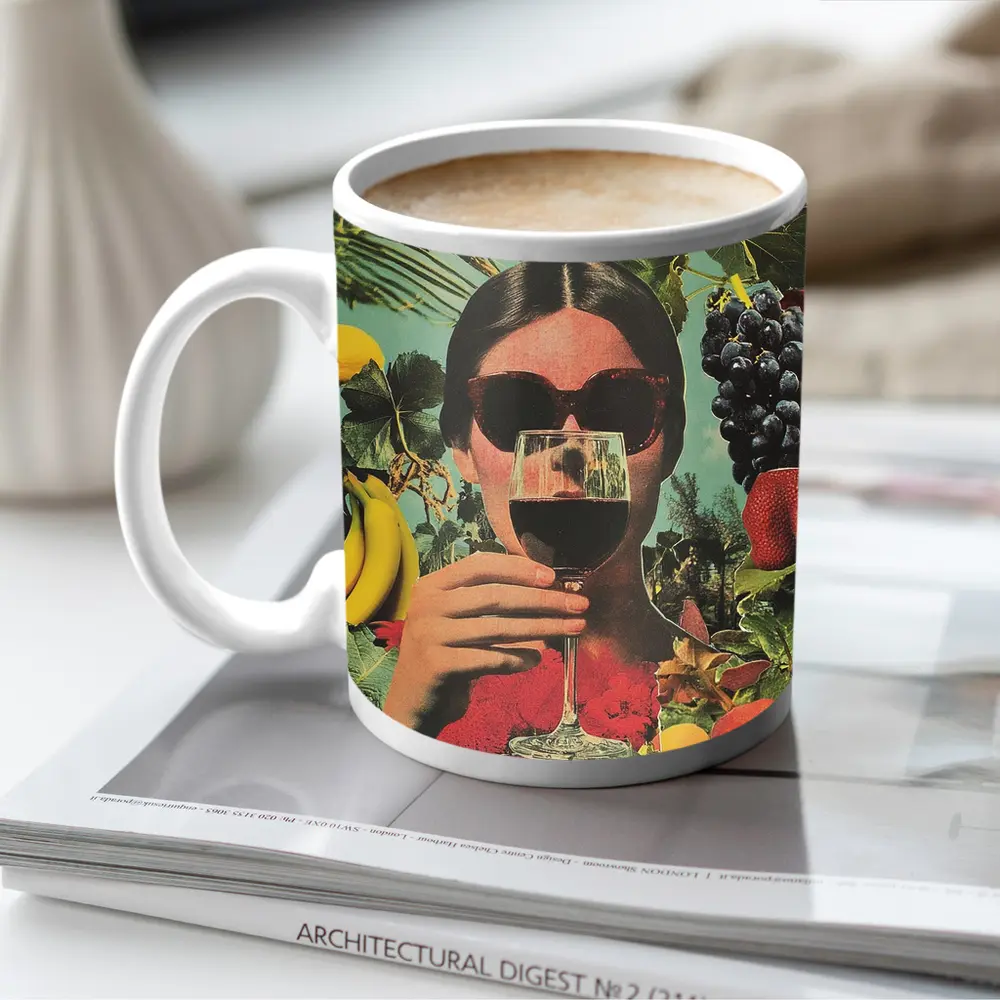 Woman With Wine Glass Fruits Collage Art – Mugs