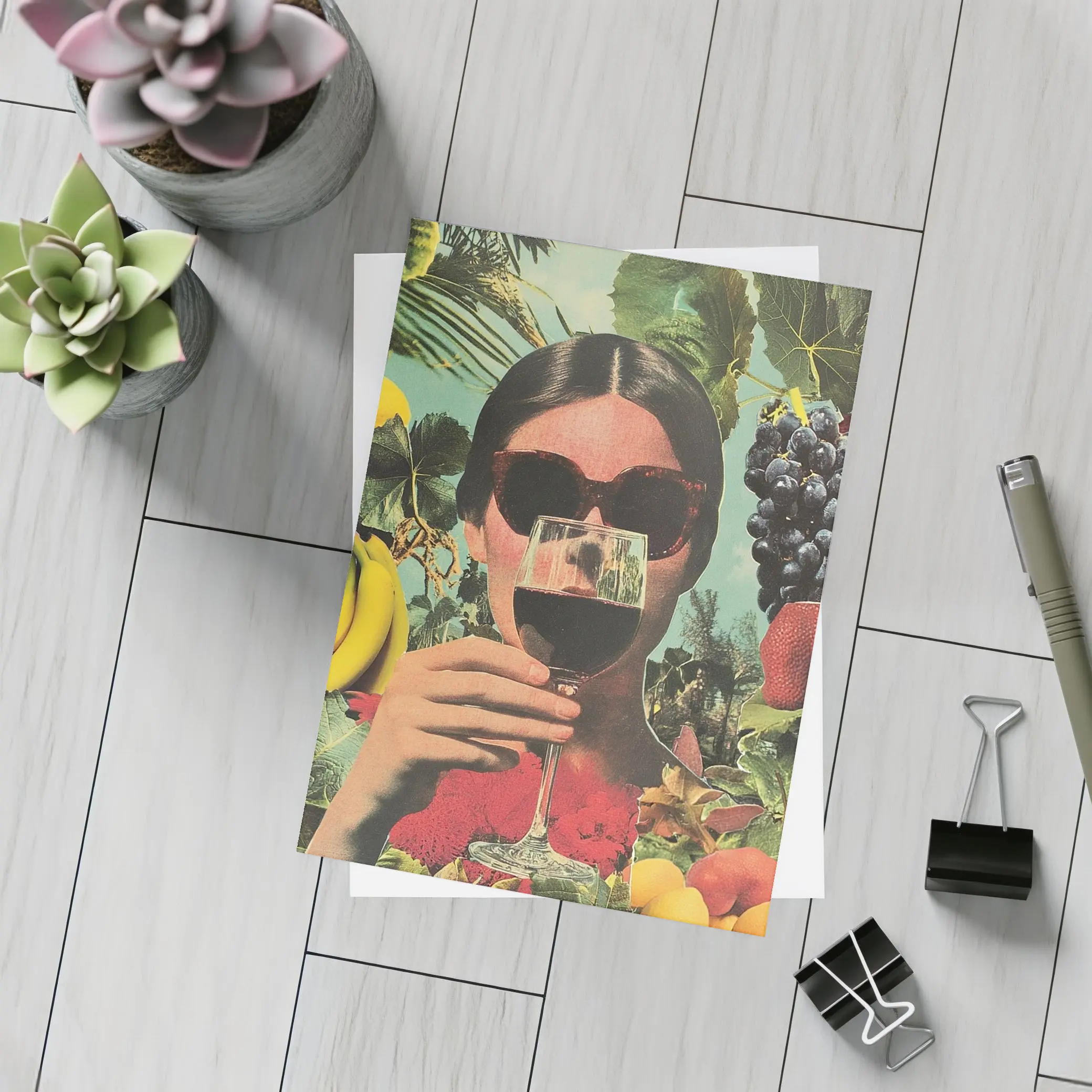 Woman With Wine Glass Fruits Collage Art – Postcards