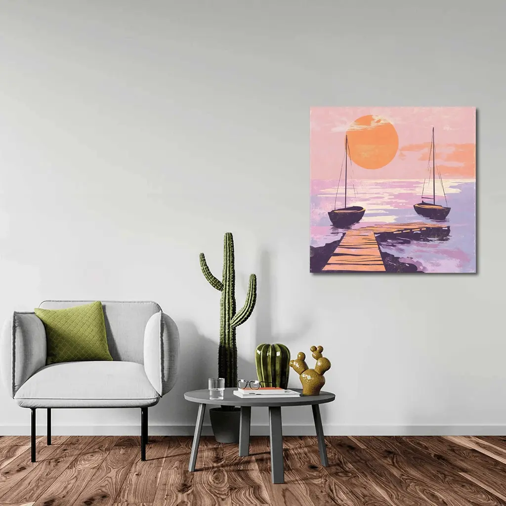 Sailboats at Sunset Dock Retro Print – Wall Art