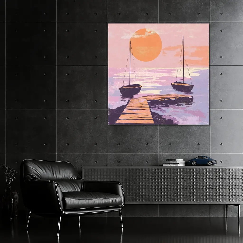 Sailboats at Sunset Dock Retro Print – Wall Art