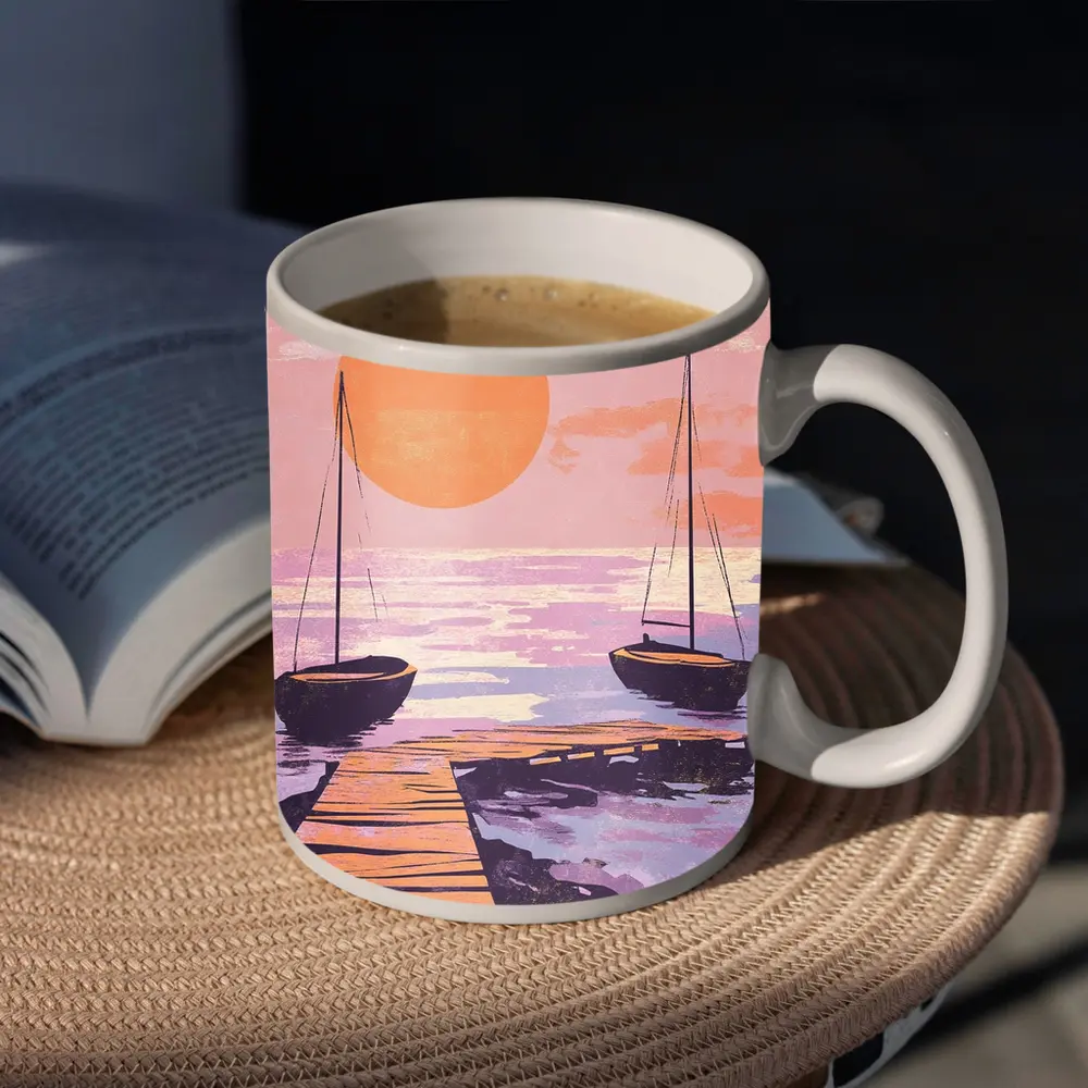 Sailboats at Sunset Dock Retro Print – Mugs