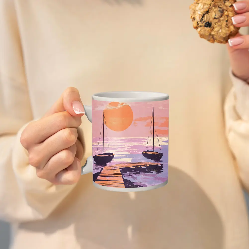 Sailboats at Sunset Dock Retro Print – Mugs