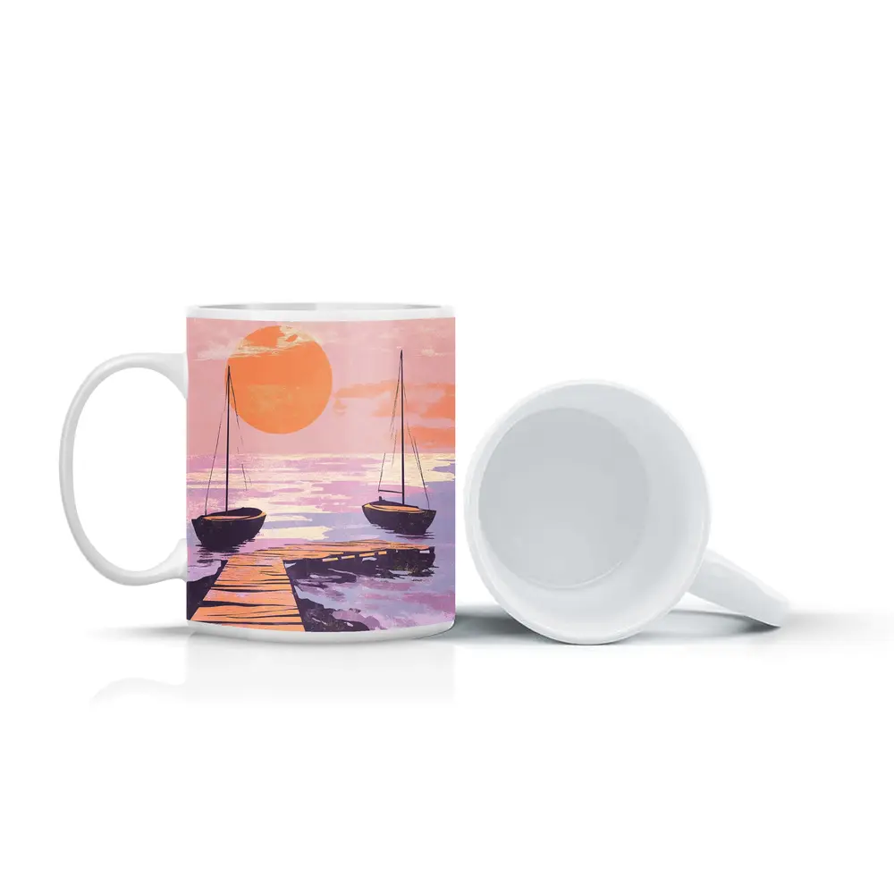 Sailboats at Sunset Dock Retro Print – Mugs