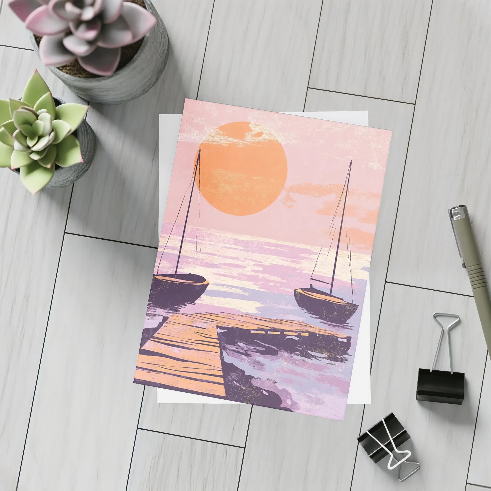 Sailboats at Sunset Dock Retro Print – Postcards