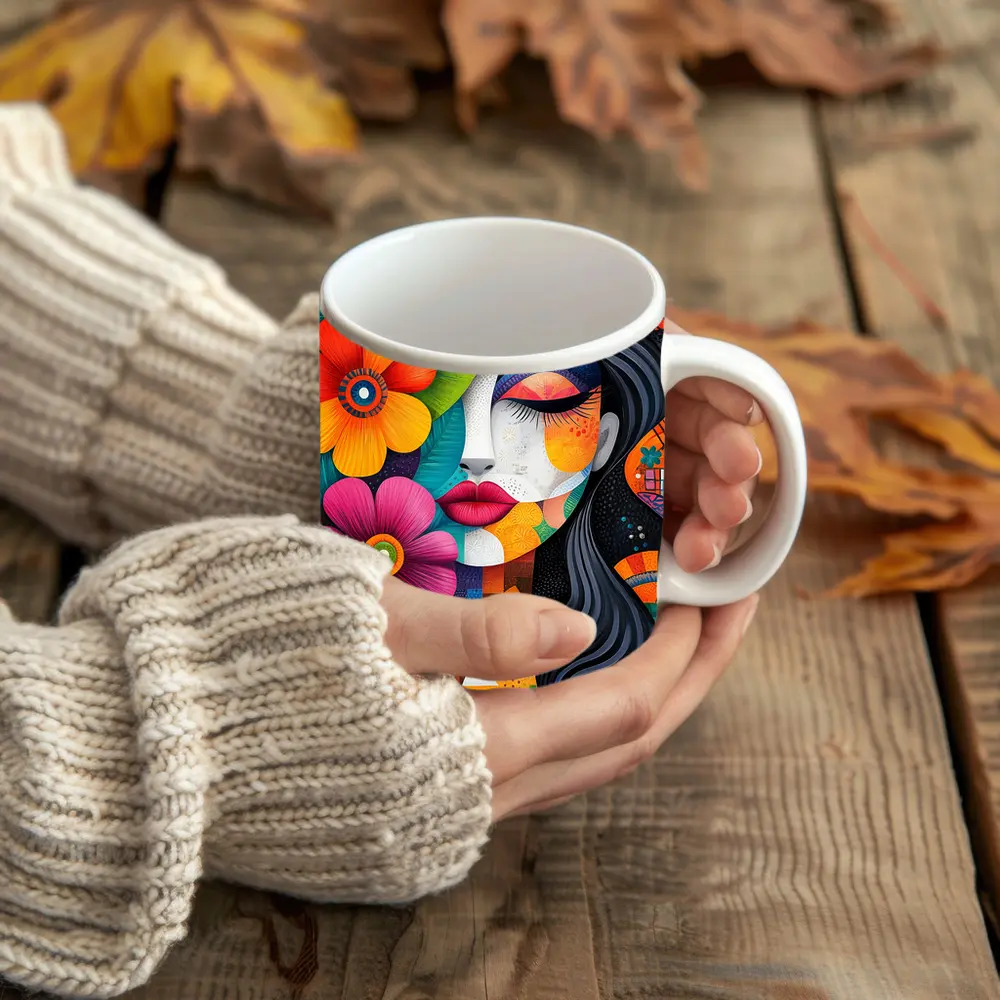 Colorful Abstract Woman Face Floral Art – Mugs