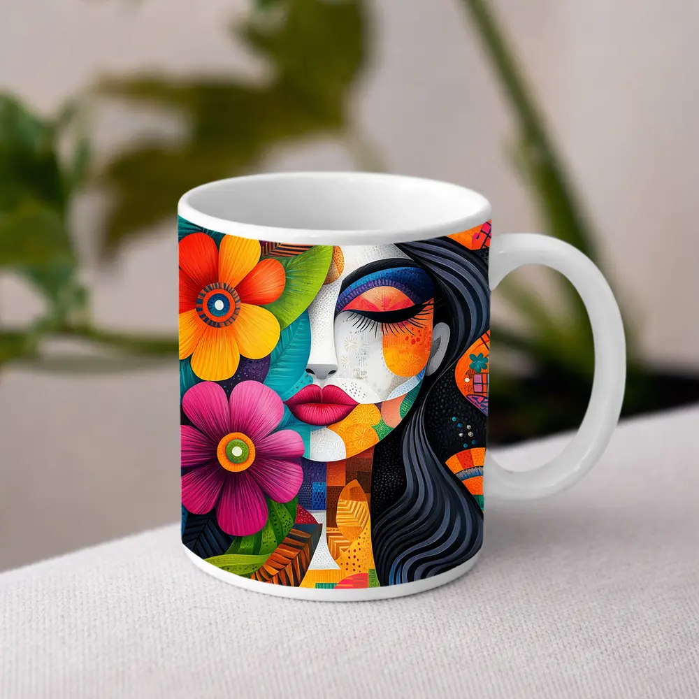 Colorful Abstract Woman Face Floral Art – Mugs