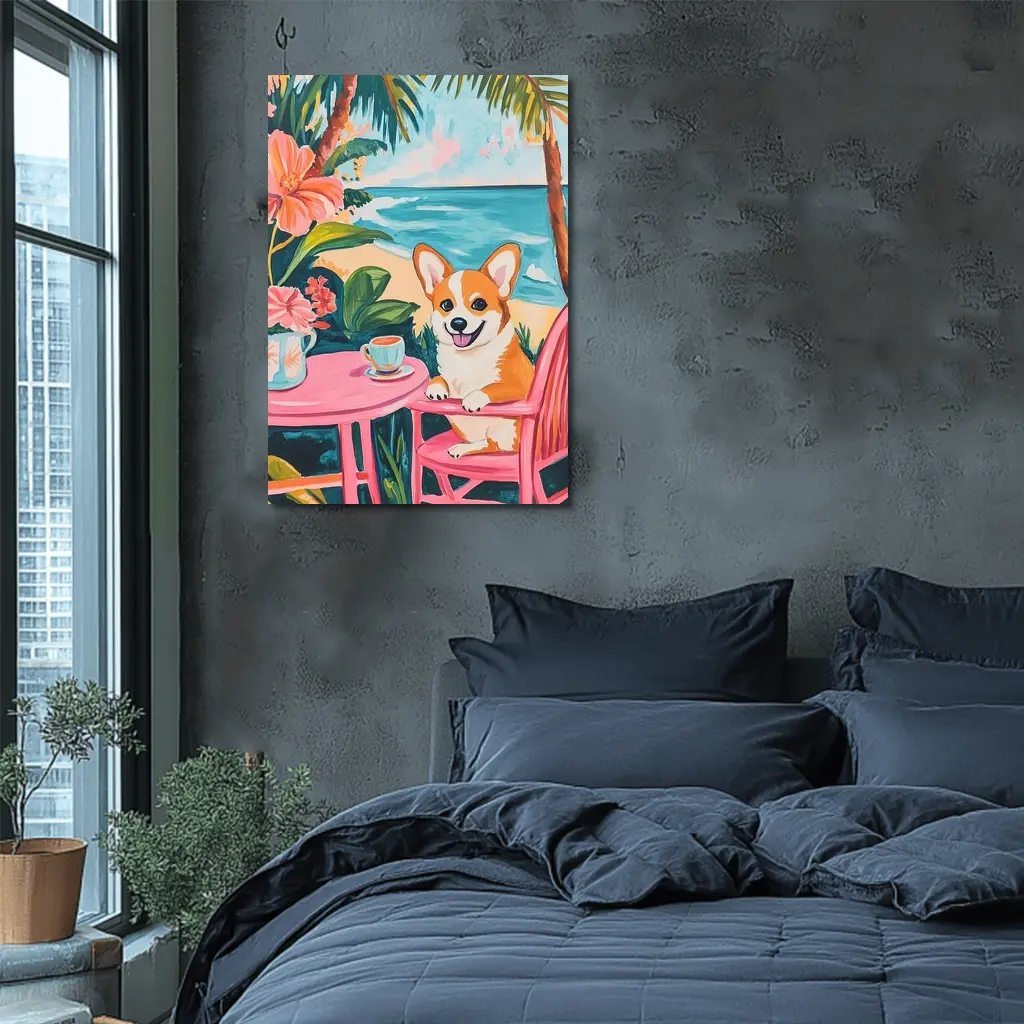 Corgi Dog Relaxing at Tropical Beach Cafe – Wall Art