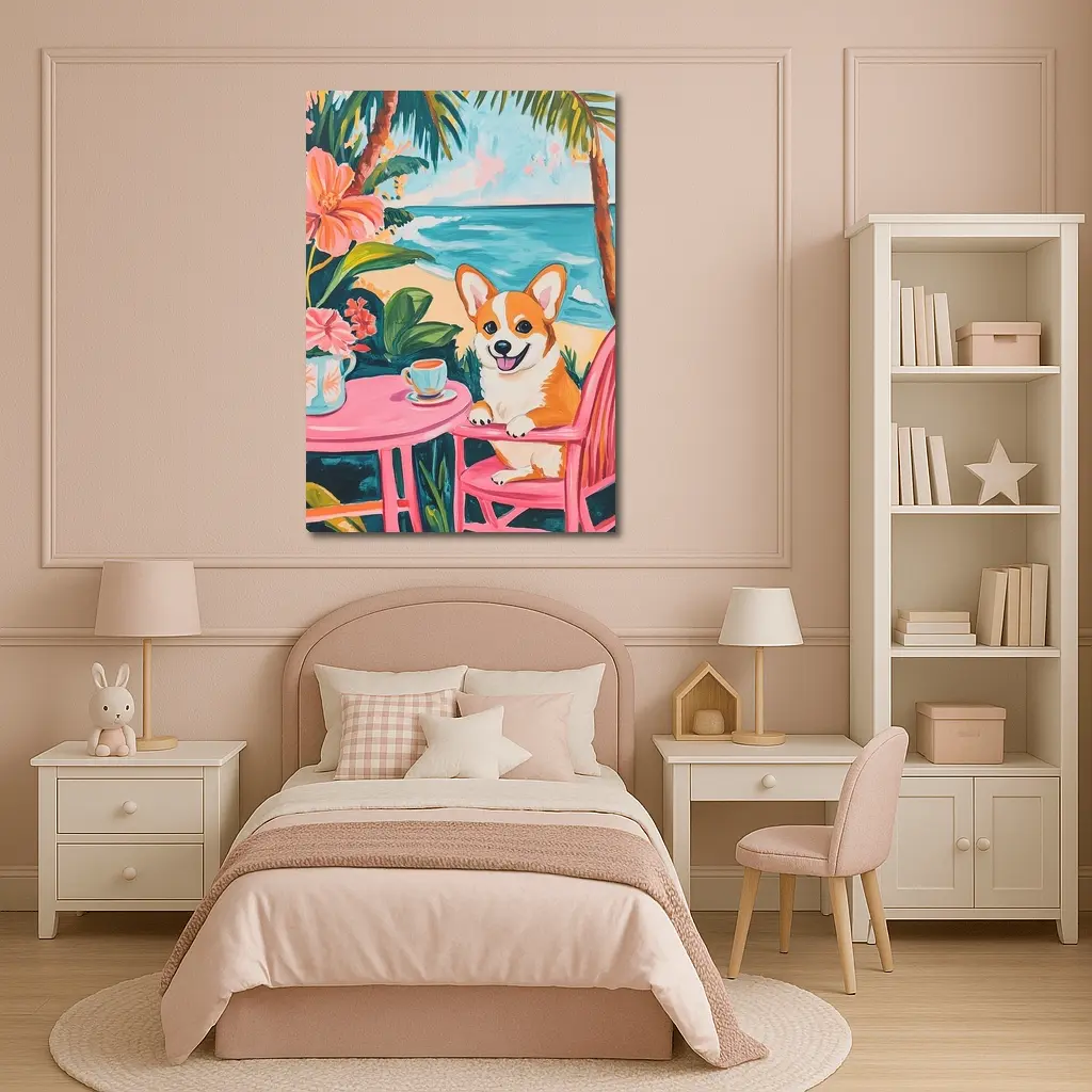 Corgi Dog Relaxing at Tropical Beach Cafe – Wall Art