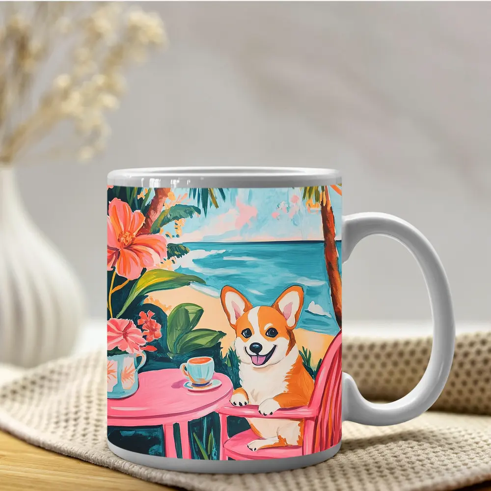 Corgi Dog Relaxing at Tropical Beach Cafe – Mugs