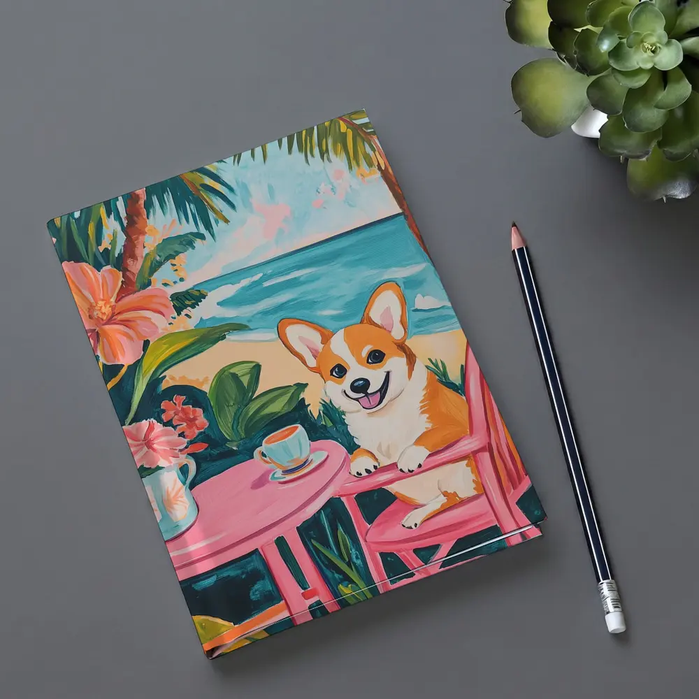 Corgi Dog Relaxing at Tropical Beach Cafe – Notebooks