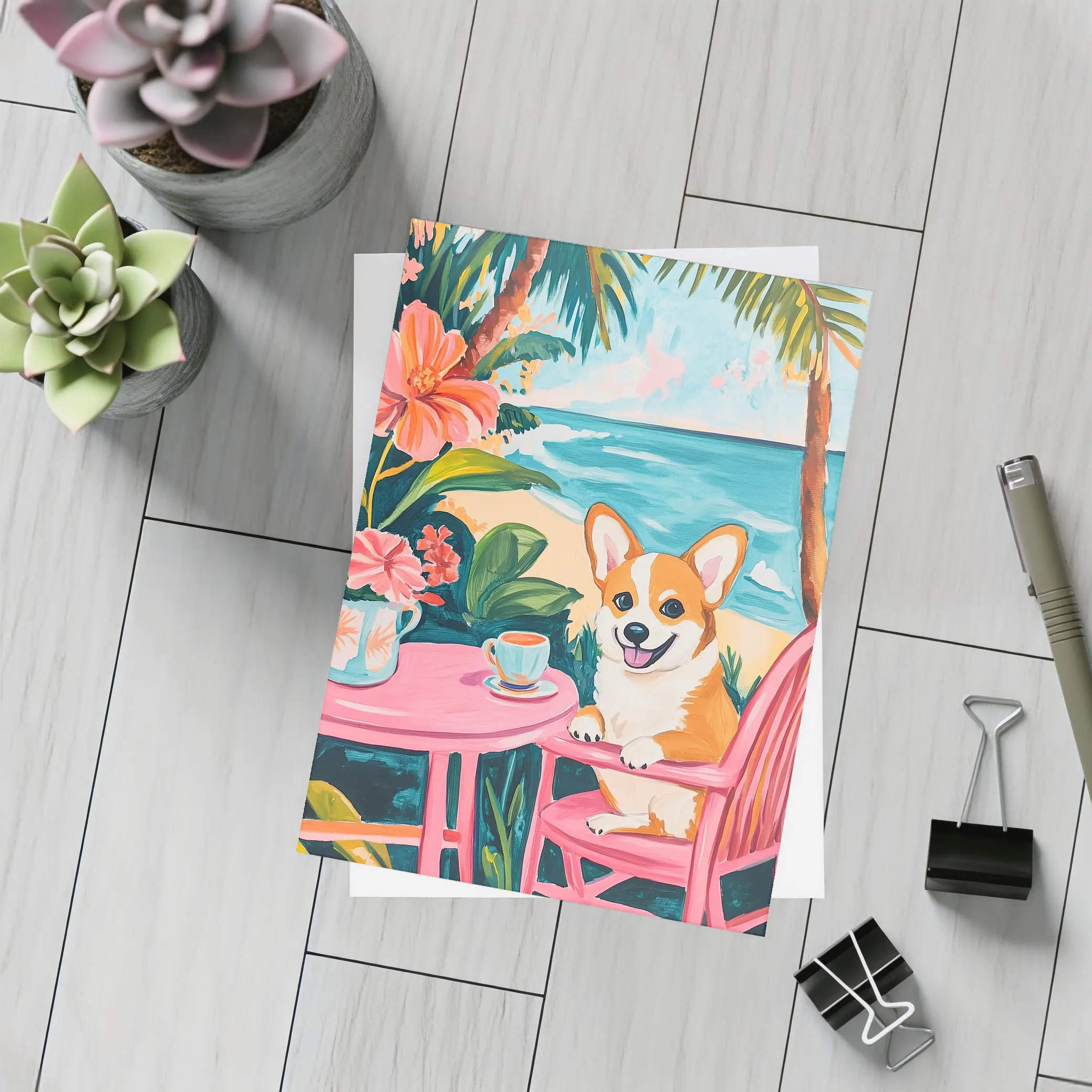 Corgi Dog Relaxing at Tropical Beach Cafe – Postcards