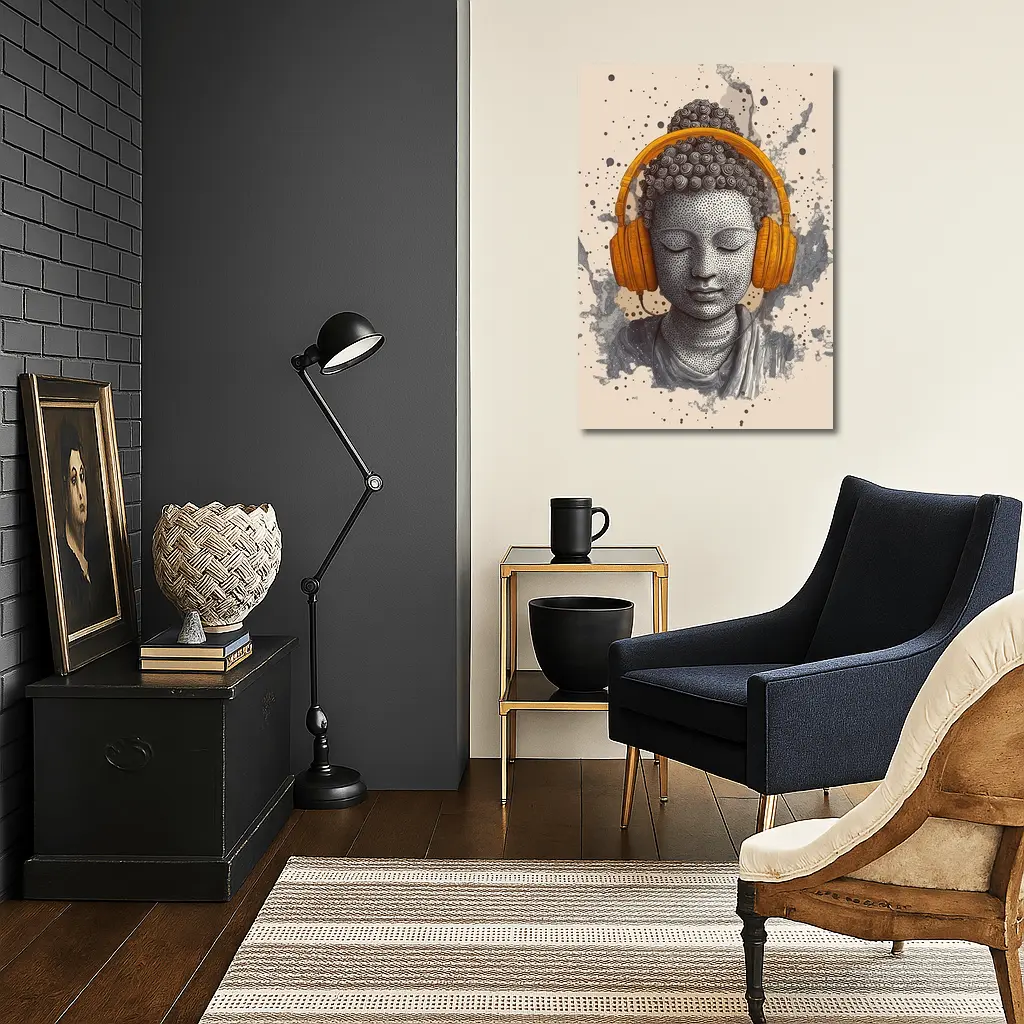 Buddha Head Wearing Orange Headphones Beige Background – Wall Art