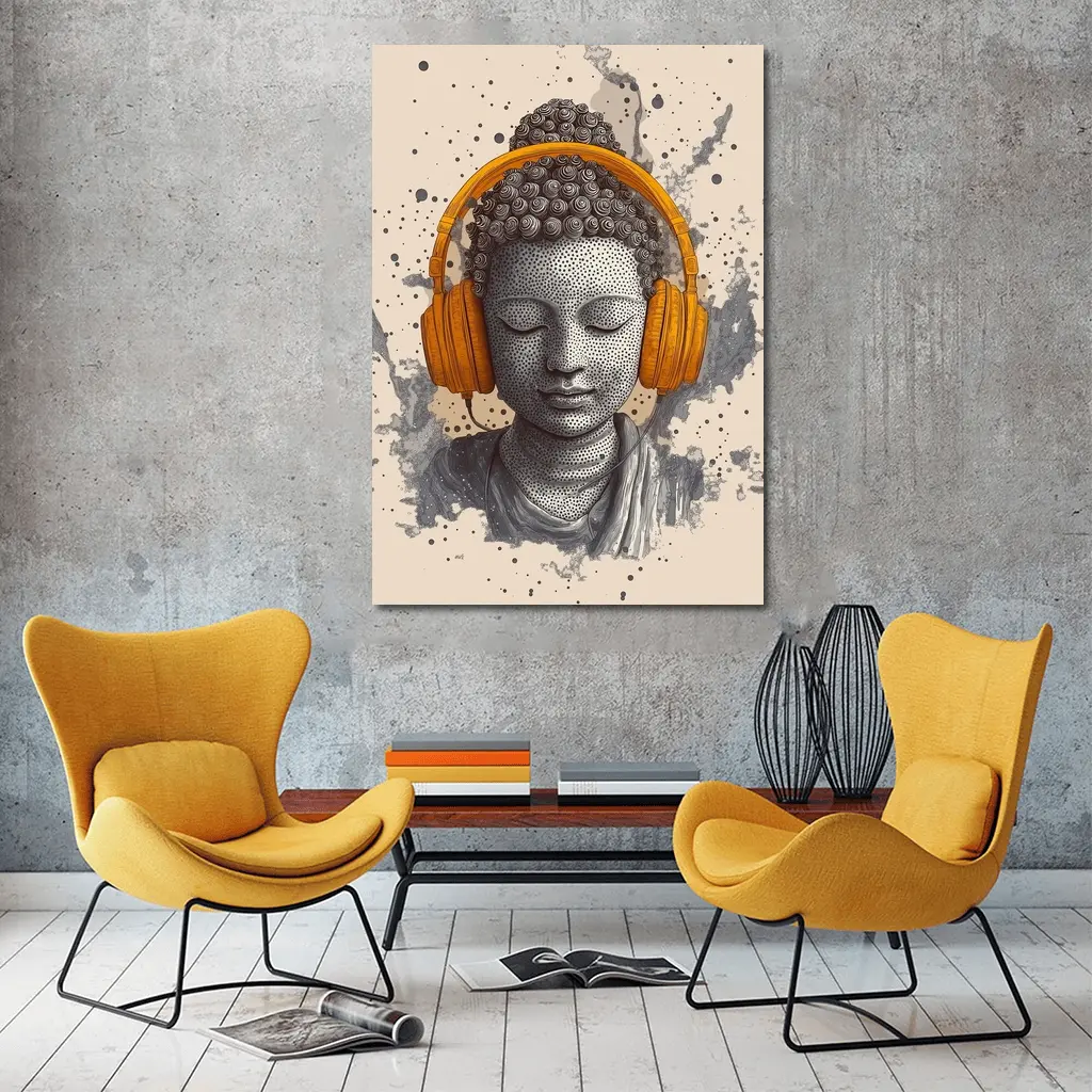 Buddha Head Wearing Orange Headphones Beige Background – Wall Art