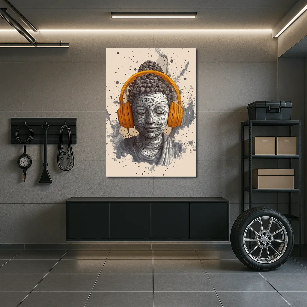 Buddha Head Wearing Orange Headphones Beige Background – Wall Art