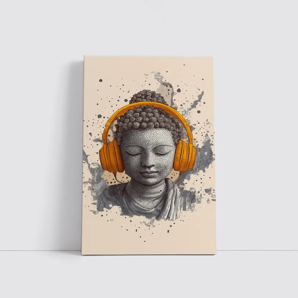 Buddha Head Wearing Orange Headphones Beige Background – Wall Art