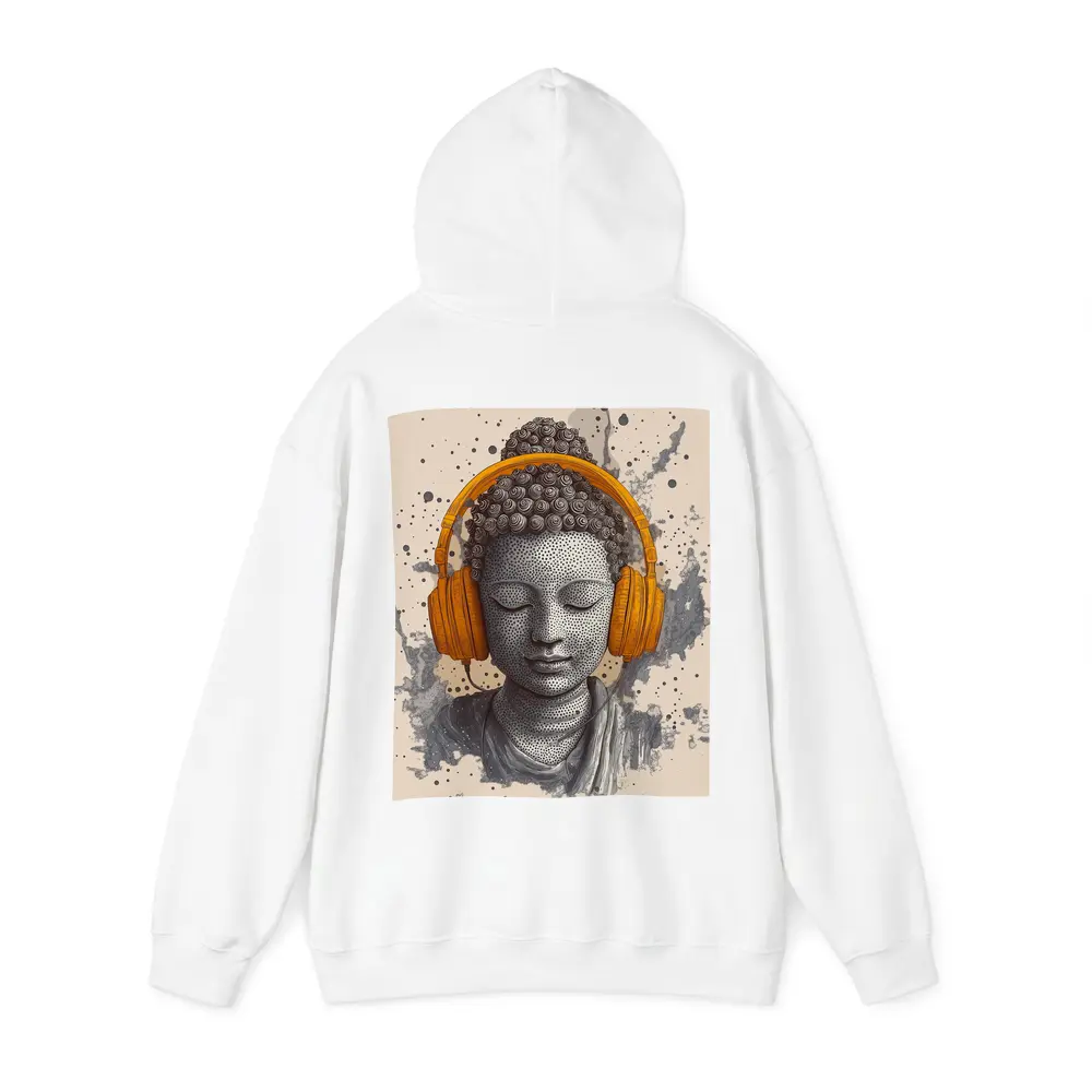 Buddha Head Wearing Orange Headphones Beige Background – Hoodies