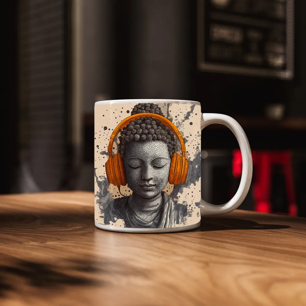 Buddha Head Wearing Orange Headphones Beige Background – Mugs