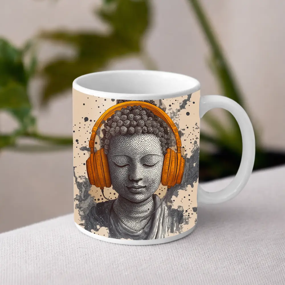 Buddha Head Wearing Orange Headphones Beige Background – Mugs