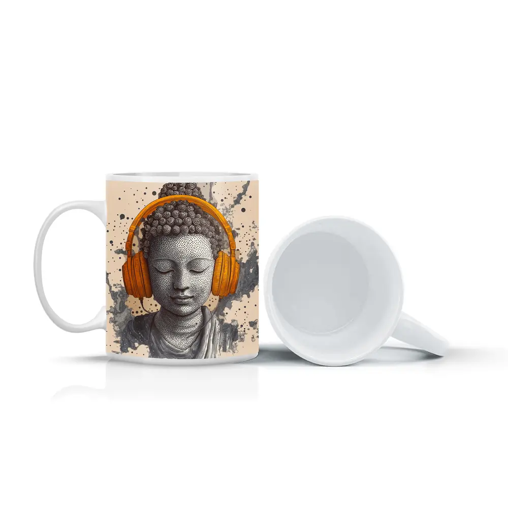 Buddha Head Wearing Orange Headphones Beige Background – Mugs