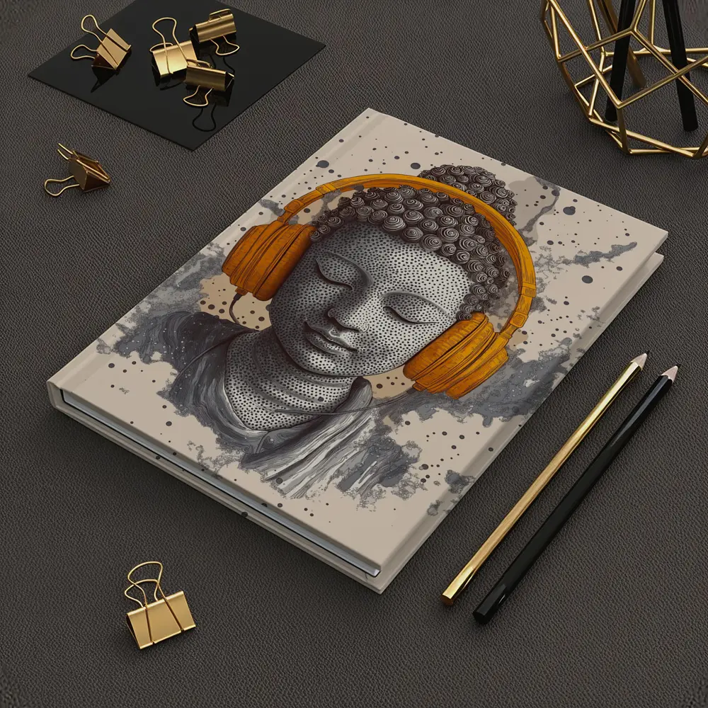 Buddha Head Wearing Orange Headphones Beige Background – Notebooks