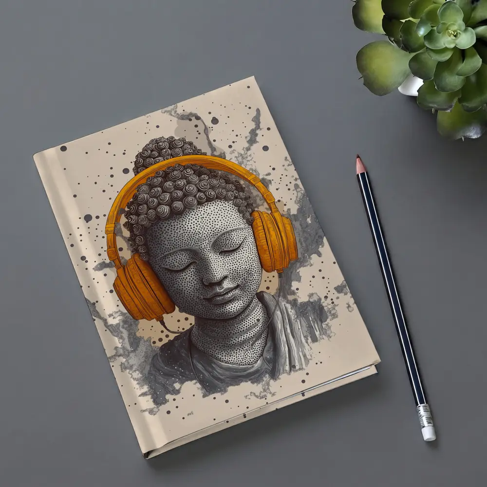 Buddha Head Wearing Orange Headphones Beige Background – Notebooks