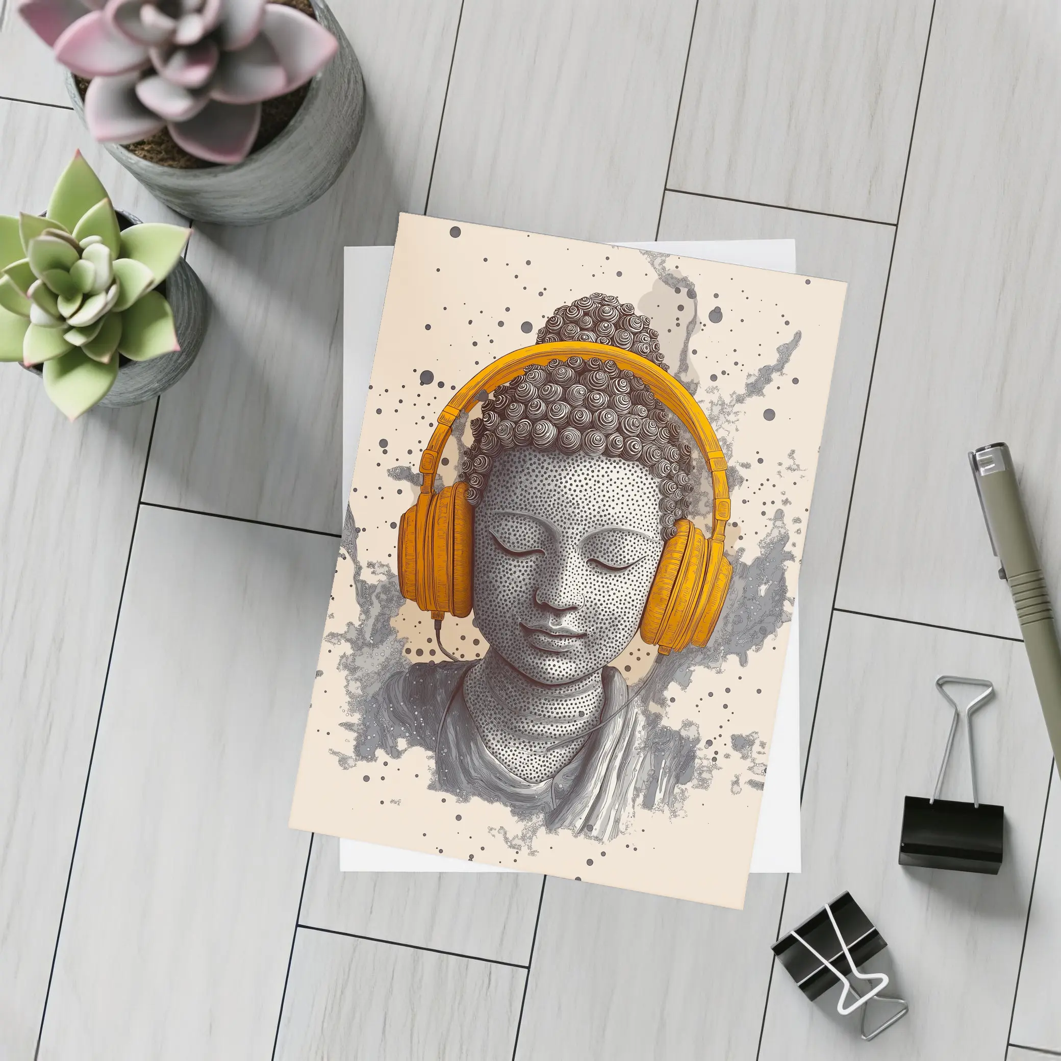 Buddha Head Wearing Orange Headphones Beige Background – Postcards