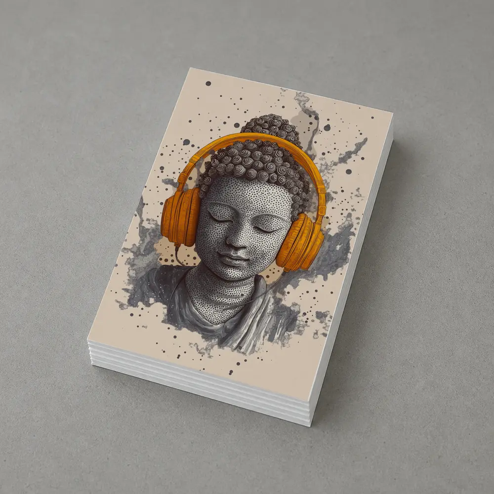 Buddha Head Wearing Orange Headphones Beige Background – Postcards