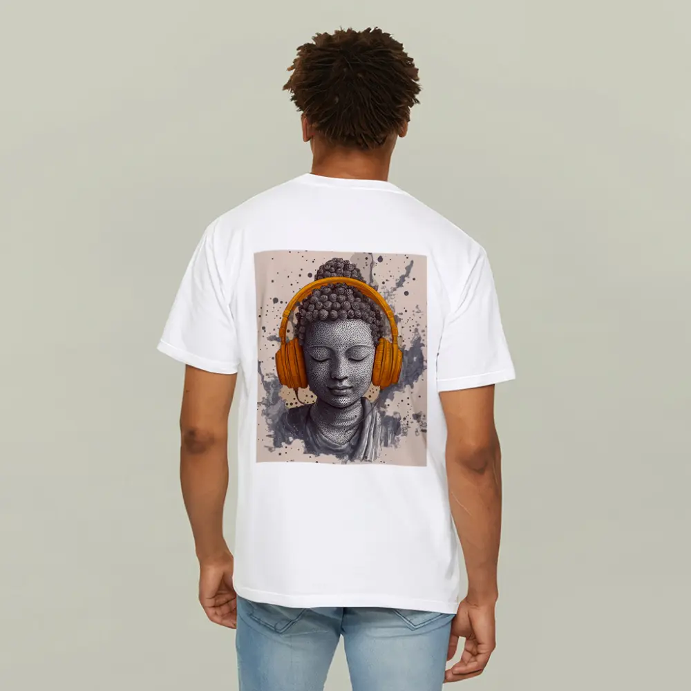 Buddha Head Wearing Orange Headphones Beige Background – T-Shirts