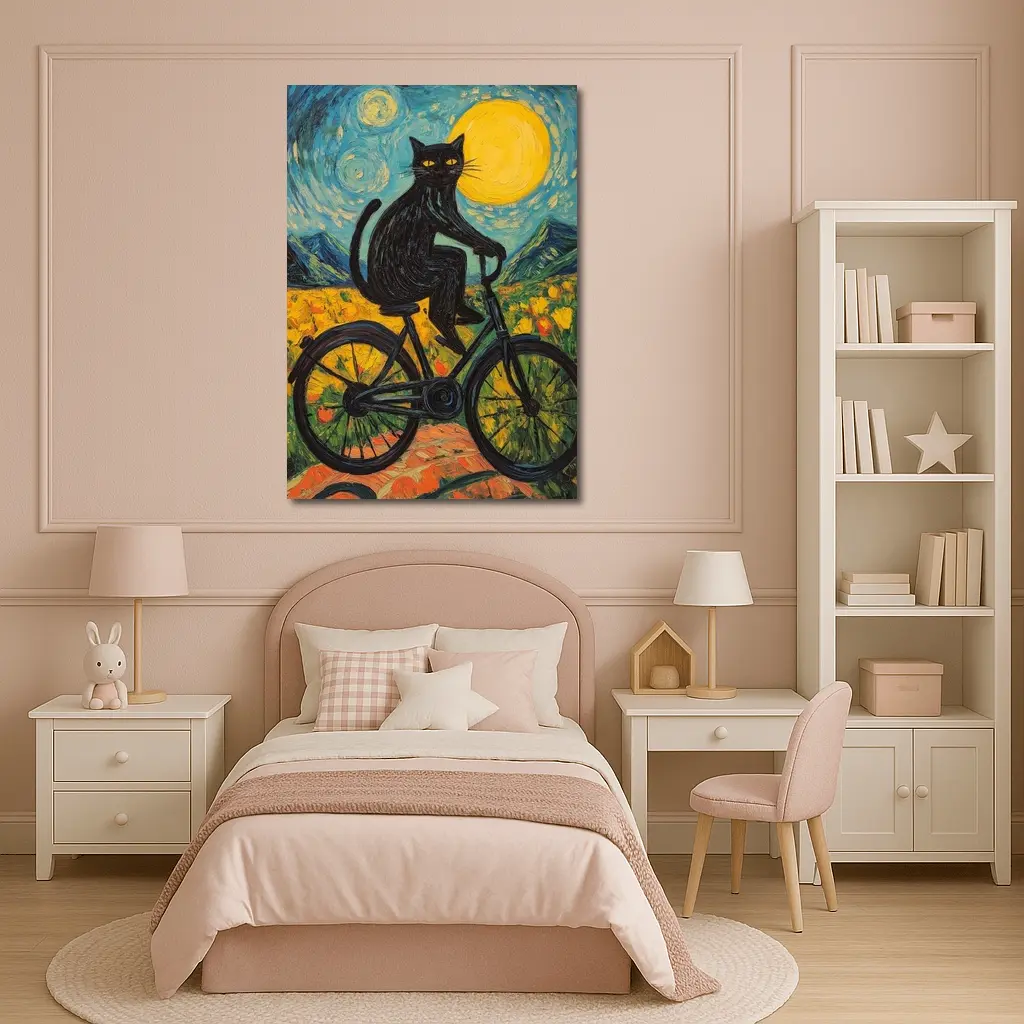 Black Cat Riding Bicycle Van Gogh Style – Wall Art