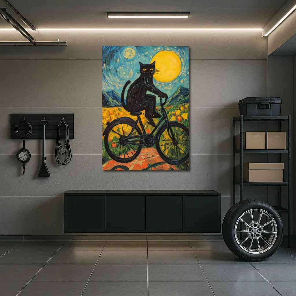 Black Cat Riding Bicycle Van Gogh Style – Wall Art