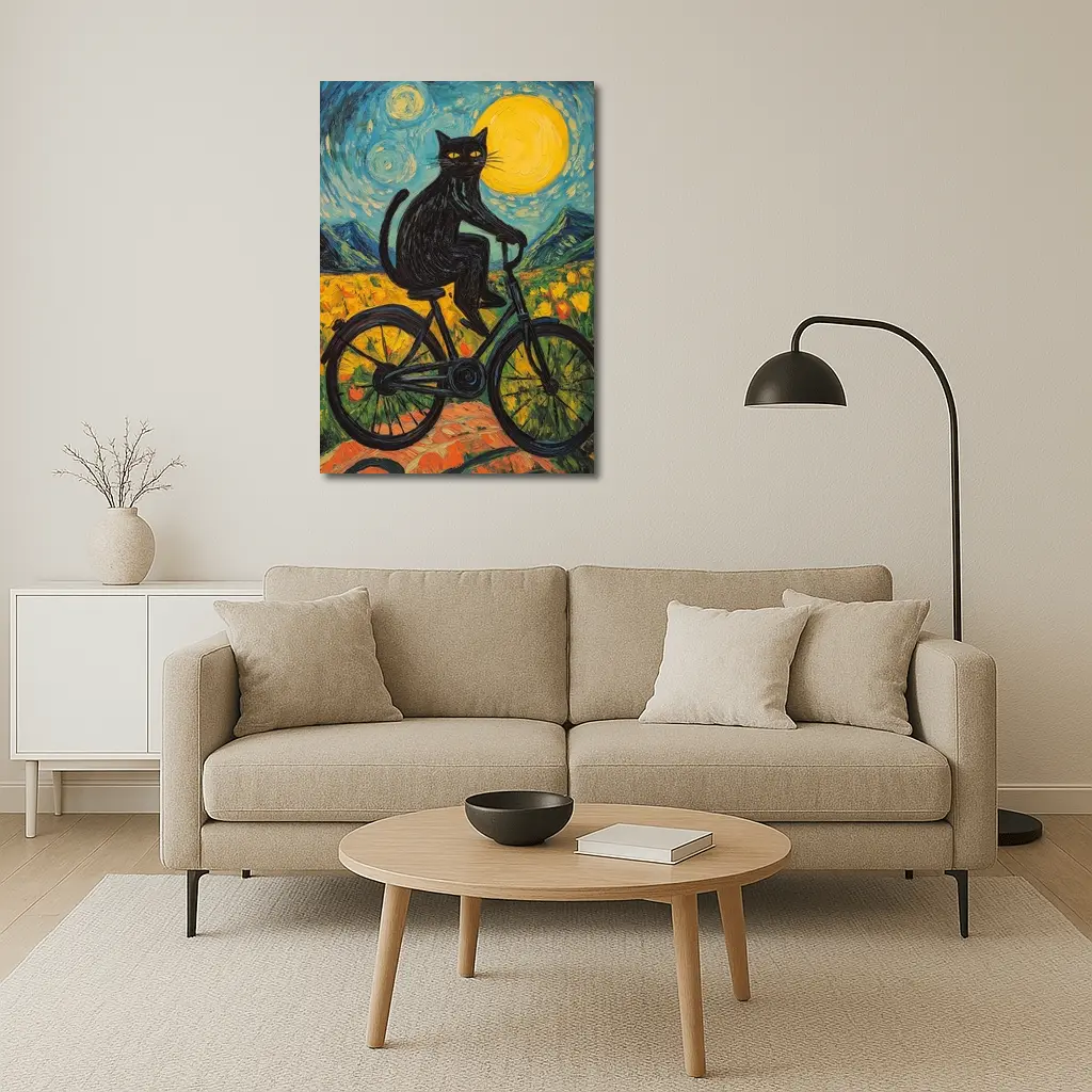 Black Cat Riding Bicycle Van Gogh Style – Wall Art