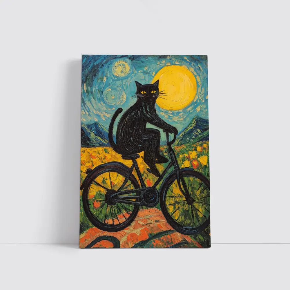Black Cat Riding Bicycle Van Gogh Style – Wall Art