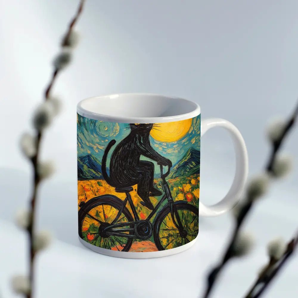 Black Cat Riding Bicycle Van Gogh Style – Mugs