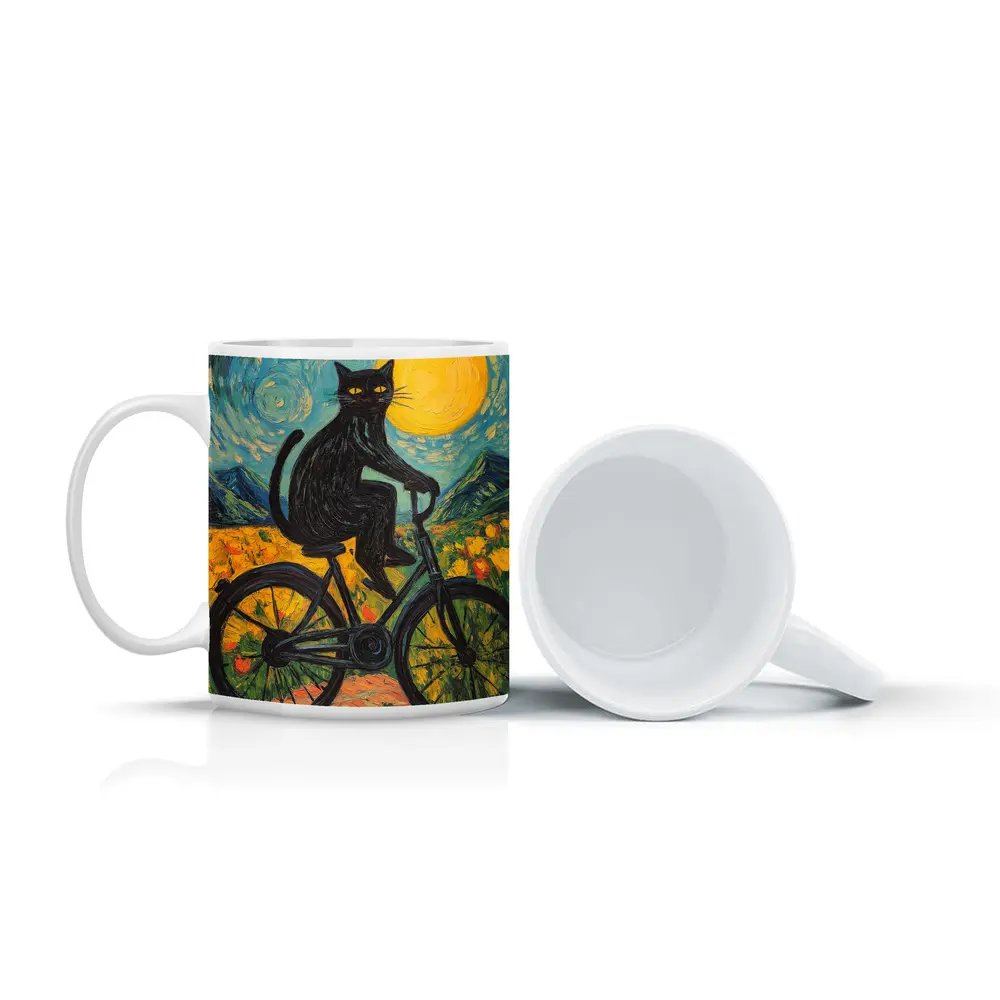 Black Cat Riding Bicycle Van Gogh Style – Mugs