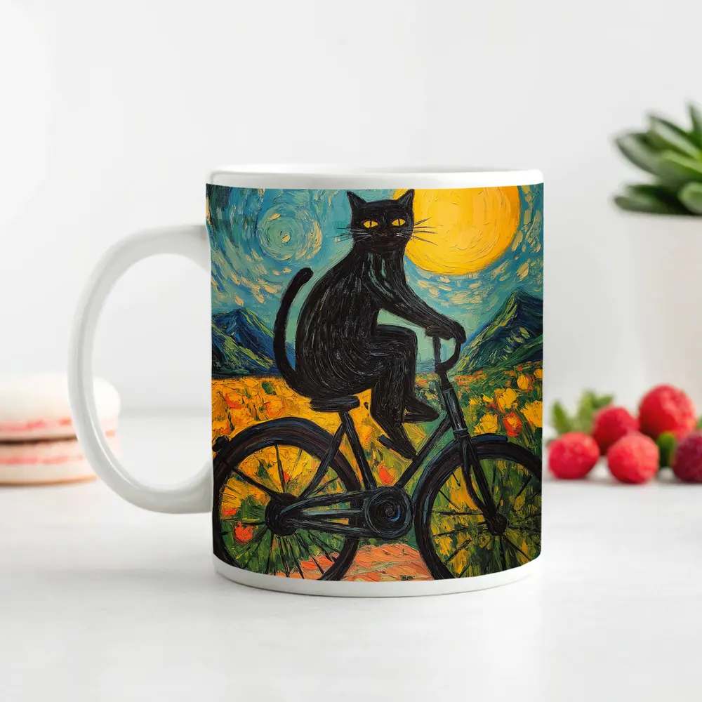 Black Cat Riding Bicycle Van Gogh Style – Mugs
