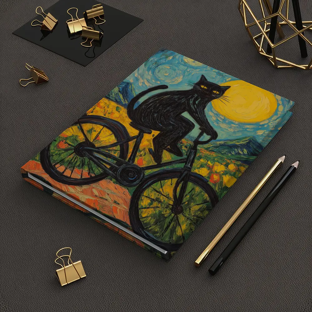 Black Cat Riding Bicycle Van Gogh Style – Notebooks
