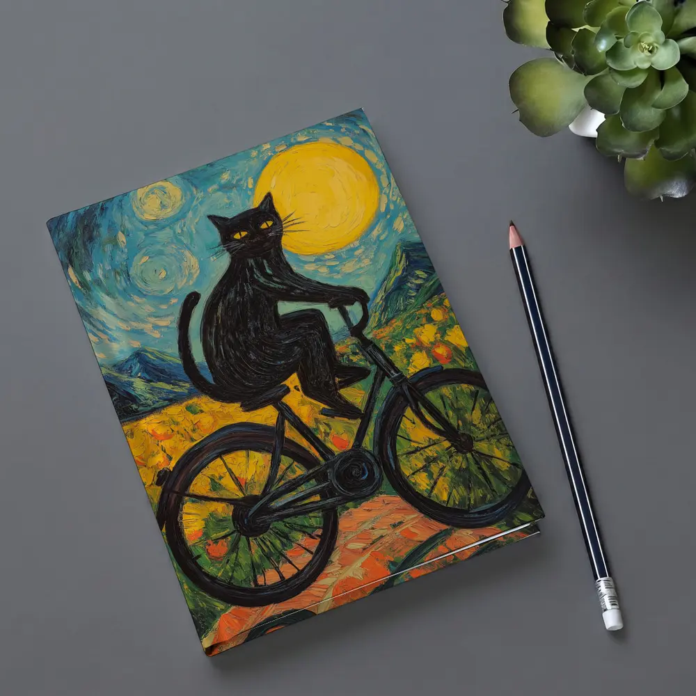 Black Cat Riding Bicycle Van Gogh Style – Notebooks