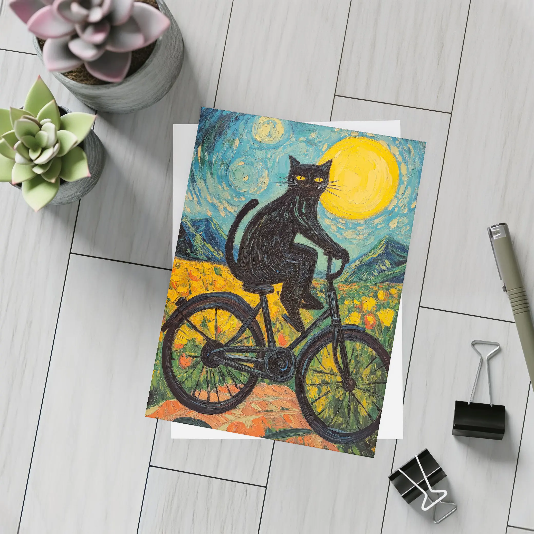 Black Cat Riding Bicycle Van Gogh Style – Postcards