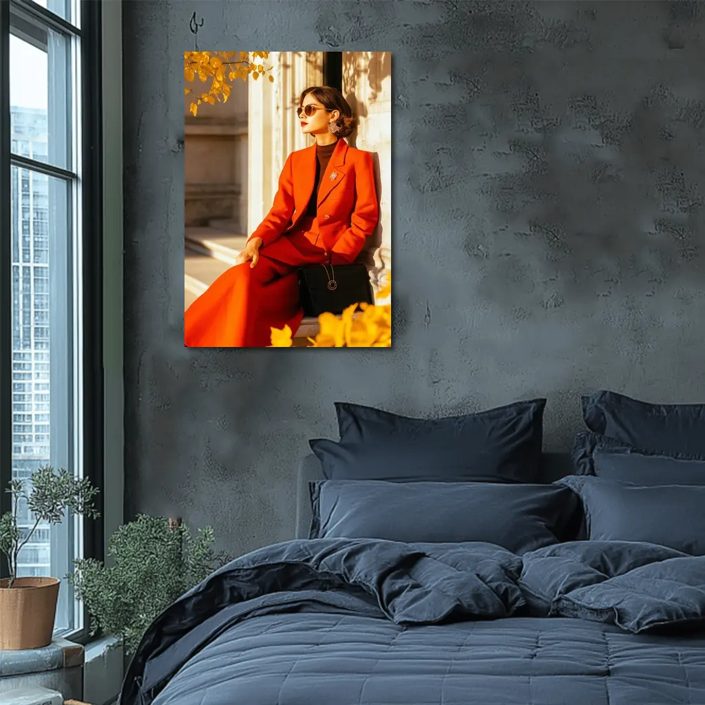 Woman Red Suit Autumn City Architecture – Wall Art
